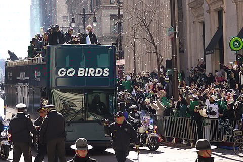 The Philadelphia Eagles get showered with adulation during the parade that celebrates their victory in the Super Bowl.