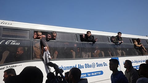 Former Palestinian prisoners, released as part of the sixth hostage-prisoner exchange, are welcomed by friends and relatives upon arriving at the European Hospital in Khan Yunis in the southern Gaza Strip on 15 February 2025.