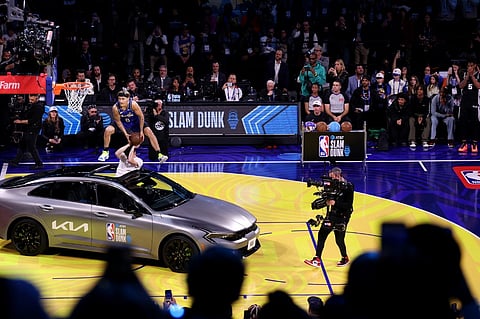 SAN FRANCISCO, CALIFORNIA - FEBRUARY 15: Mac McClung #8 of the Orlando Magic dunks the ball during the 2025 AT&T Slam Dunk Contest as part of the State Farm All-Star Saturday Night at Chase Center on 15 February 2025 in San Francisco, California.