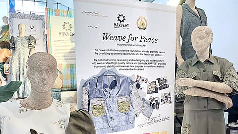Clothes crafted from old military uniforms on display at the ‘Weave for Peace’ event in Makati City on 6 February 2025.