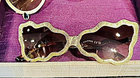 Supersized aviators top with blue topaz drop Tuxedo glasses with a blue amethyst drop.