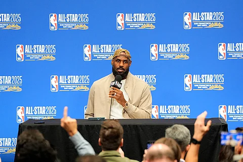 SAN FRANCISCO, CALIFORNIA - FEBRUARY 16: Lebron James #23 of the Los Angeles Lakers and Shaq's OGs speaks to media in a press conference during the 74th NBA All-Star Game at Chase Center on February 16, 2025 in San Francisco, California.
