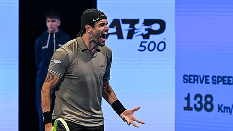 Matteo Berrettini celebrates after beating Novak Djokovic during their men’s singles match at the ATP Qatar Open tennis tournament in Doha.