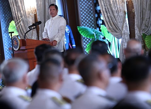 President Ferdinand "Bongbong" Marcos Jr. administers the oath of office to the newly promoted Generals and Flag Officers (GFOs) of the Armed Forces of the Philippines (AFP) and graduates of the Foreign Pre-Commission Training Institutions (FPCTI) during a ceremony at Malacañan Palace on Thursday, 20 February.