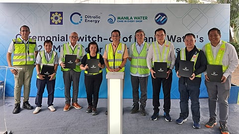Manila Water executives and key energy officials, including Department of Energy Assistant Secretary Mylene Capongcol (second from left) and MWSS Chairman Elpidio Vega (third from left), inaugurate three solar power installations at the Cardona and East La Mesa WTPs and San Juan Compound.