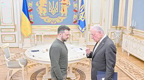 UKRAINE’s President Volodymyr Zelensky (left) speaks with US special envoy Keith Kellogg at his offices in Kyiv on 20 February 2025.