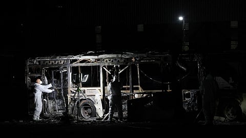 Security forces and bomb disposal units are deployed to the scene of a bus explosion in Bat Yam on 20 February 2025.