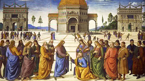 The Delivery of the Keys, or Christ "Giving the Keys to Saint Peter" is a fresco by the Italian Renaissance painter Pietro Perugino which was produced in 1481–1482 and is located in the Sistine Chapel, Rome.