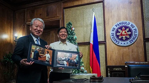 Japan International Cooperation Agency President Dr. Tanaka Akihiko (left) pays a courtesy call to President Ferdinand Marcos Jr. (right) in November last year at the Study Room of Malacañang Palace in Manila. JICA has started a different tack through proactively offering official development assistance to developing nations.