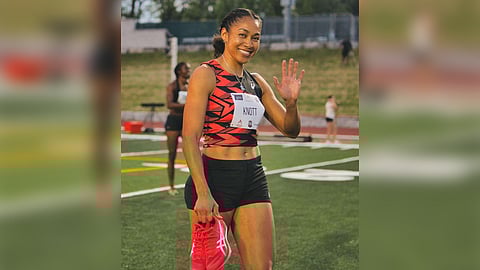 Kristina Knott resets the national record in the women’s 200-meter run after posting 23.39 seconds in the Arkansas Qualifiers in Fayetteville, Arkansas.