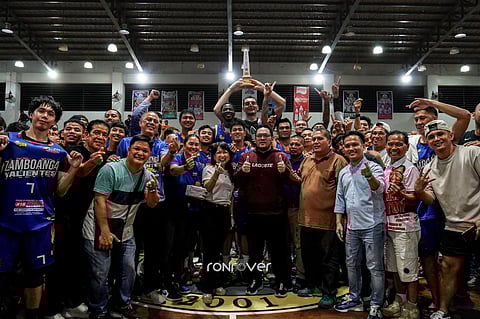 The Zamboanga Valientes celebrate after beating Letran Asenso Bancoro, 91-81, to rule the 3rd Gov. Ann K. Hofer Open Invitational Basketball Tournament title late Friday at the Cultural & Sports Center in Sibugay.