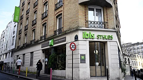 This photograph shows a view of the Ibis styles hotel, where an 18-year-old American mother threw a newborn baby from the second-floor window, umbilical cord still attached, in the 20th arrondissement in eastern Paris on 24 February 2025. The newborn was given emergency care but did not survive prosecutors said. The young woman -- who was "part of a group of young adults travelling in Europe" -- had been taken into custody.