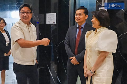Outgoing Presidential Communications Office (PCO) Secretary Cesar Chavez, new PCO Secretary Jay Ruiz, and PCO press briefer Usec. Claire Castro