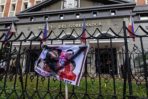 Hundreds of socialist workers and urban poor march to the Commission on Elections building in Manila on Monday, 24 February 2025, to protest candidates they claim are linked to political dynasties.