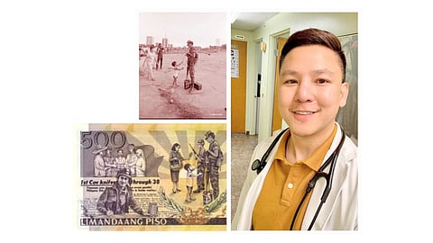 How the boy has grown Jello Gutierrez as a kid, as depicted in the discontinued P500 bill and as a nurse.