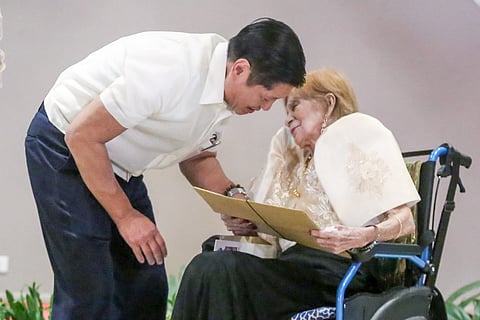Cherishing elders President Ferdinand R. Marcos Jr. takes a moment to listen to 100-year-old Generosa Veluz during the inaugural cash gift distribution under the Expanded Centenarians Act of 2024 at Heroes Hall in Malacañang Palace on 26 February. More than P2.9 billion will be distributed this year to over 275,000 senior citizens across the country.
