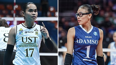 Angge Poyos of UST (left) is looking forward to a duel with high school rival Shai Nitura of Adamson in the UAAP Season 87 women’s volleyball tournament on Saturday at the Mall of Asia Arena.