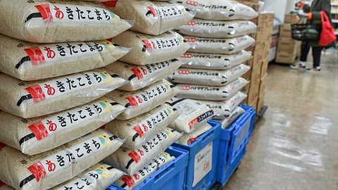 This file photo taken on 22 November 2024 shows bags of rice stacked in a supermarket in central Tokyo. The Japanese government said on February 14, 2025 it will release its stockpile of rice — the nation’s cherished staple food — reserved for emergency use in response to soaring prices.