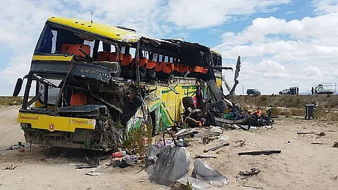 Handout picture released by Bolivian Police shows the wreckage of a bus that collided with another one on a highway near Uyuni, Bolivia on 1 March 2025.