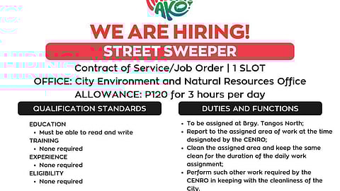 Navotas City is hiring street sweepers with a salary of P 120 per three hours