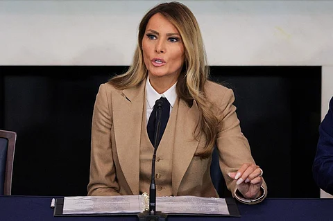 U.S. first lady Melania Trump speaks during a roundtable discussion on the "Take It Down Act" in the Mike Mansfield Room at the U.S. Capitol on March 03, 2025 in Washington, DC. The "Take It Down Act" expands protections for victims of non-consensual sharing of sexual images, covering AI-generated content including deepfake pornography.