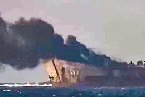 The video, published on social media by China’s state-run broadcaster CGTN on Saturday, showed smoke pouring from the BRP Sierra Madre, an old warship that was deliberately grounded on Second Thomas Shoal in 1999.