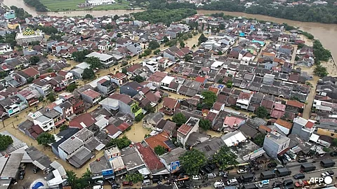 Buildings inundated by floodwaters in Bekasi, West Java on Mar 4, 2025.