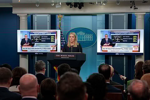 WASHINGTON, DC - MARCH 05: White House Press Secretary Karoline Leavitt speaks during the daily White House press briefing at the James Brady Press Briefing Room of the White House on March 05, 2025 in Washington, DC. During the briefing, Leavitt spoke about points made in the U.S. President Donald Trump's joint address to Congress and about the president's administration-imposed tariffs on Canada and Mexico.