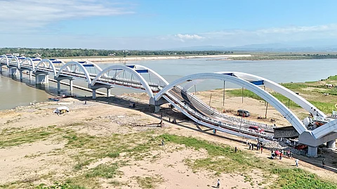 The collapsed bridge in Santa Maria town, Isabela province in Cagayan is shown on an aerial view with the extent of damage injuring six individuals.