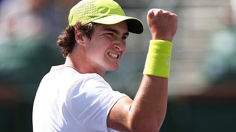 Super cool: Brazilian Joao Fonseca celebrates a point in his first-round win over Jacob Fearnley at Indian Wells
