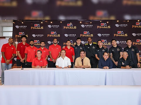 PBA commissioner Willie Marcial (center) presents the players of Barangay Ginebra and TNT Tropang Giga ahead of their PBA Commissioner’s Cup best-of-seven finals series on Friday at the Mall of Asia Arena. Also shown are PBA chairman Ricky Vargas, PBA vice chairman Alfrancis Chua, Ginebra coach Tim Cone and TNT coach Chot Reyes.