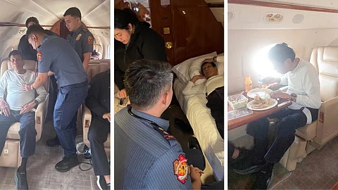 SNAPSHOTS of former President Rodrigo Duterte aboard the private plane en route to The Hague, Netherlands, where he faces trial at the International Criminal Court. The images also include his possible detention cell.