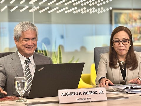 MPIC chief finance officer June Cheryl Cabal-Revilla (right) joins Metro Pacific Health president Augusto Palisoc Jr. during a media briefing to outline the group’s 2024 and future business plans.