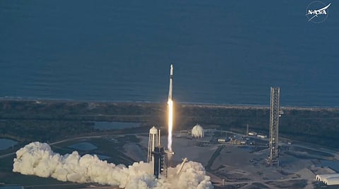 This screengrab image from NASA's live broadcast shows the SpaceX Falcon 9 rocket with the Crew Dragon capsule Endurance carrying the Crew-10 mission lifting off from Launch Complex 39A at NASA’s Kennedy Space Center in Florida on 14 March 2025. After more than nine months on the International Space Station, two astronauts are a step closer to returning home following the launch of a crew swap mission on 14 March.
A Falcon 9 rocket with a Crew Dragon fixed to its top blasted off from the Kennedy Space Center in Florida at 7:03 pm (2303 GMT), carrying a four-member team bound for the orbital outpost.