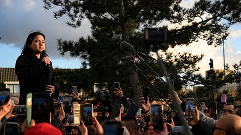 Heady days Vice President Sara Duterte (top left) speaks to a sea of supporters at The Hague as her father, former President Rodrigo Duterte, faces the ICC’s pre-trial chamber on Friday. Back home, rallies erupt on Saturday demanding the former president’s return.