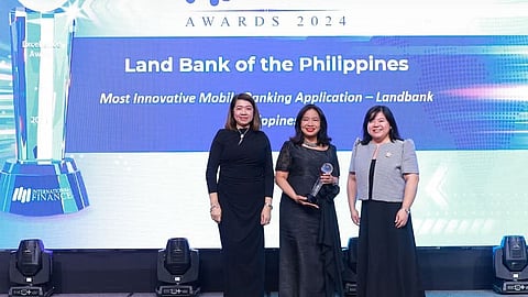 LANDBANK executive vice presidents Ma. Celeste Burgos (left) and Leila Martin (center) accepted the ‘Most Innovative Mobile Banking Application’ award at the 12th International Finance Awards 2024, which was held on 21 February 2025 in Bangkok, Thailand.