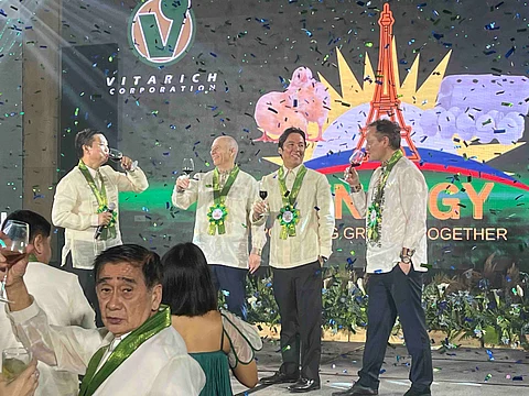 Rocco Sarmiento, president and CEO of Vitarich Corporation (3rd from left), and Novogen chief executive officer Mickael Le Helloco (rightmost), along with other Vitarich and Novogen officials, celebrated the sealing of their partnership announced during the company’s 75th Anniversary celebration at the Marriot Hotel Clark in Angeles City, Pampanga on Monday.