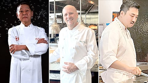 Chef Jun Yukimura, chef Heinz Beck & Chef Sun Kim cooking at the kitchen of Waterside restaurant.