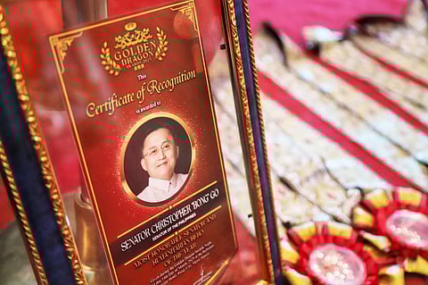 Honored to serve – Senator Bong Go receives the Golden Dragon Award for his dedication to public service.