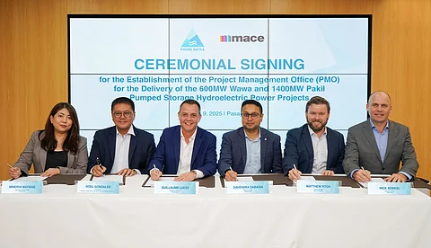 At the ceremonial signing for Prime Infra’s two pumped storage projects are (from left) Prime Infra chief administrative officer Minerva Matibag, Project director Noel Gonzales, Prime Infra president and CEO Guillaume Lucci, Mace Consult CEO Davendra Dabasia, Mace Philippines country manager Matthew Fitch, and Mace executive director Nick Boekel. The signing was executed for the establishment of the project management office for the delivery of the 600 megawatts Wawa and 1,400MW Pakil pumped storage hydroelectric projects.