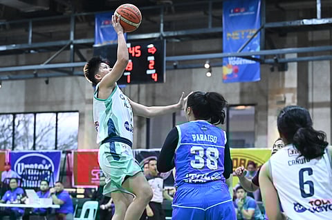 Ambie Almazan soars, dropping a double-double performance of 14 points and 14 rebounds to lift Galeries Tower to a 77-48 win over Cavite-TOL in the 2025 WMPBL Invitational Tournament.
