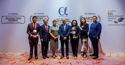 Photo shows DBP Senior Vice President Mario Rey T. Morales (second from left), DBP Senior Vice President Ana Marie E. Veloso (third from left), DBP Vice President Raquel C. Atienza (third from right), and DBP Senior Assistant Vice President Maria Eliza C. Galvan (second from right) receiving the Best Syndicated Loan Deal of the Year 2024 award on behalf of DBP. Also in photo are San Miguel Holdings Corporation Head of Treasury William Henry S. Timoteo (leftmost), Alpha Southeast Asia Chief Executive Officer and Publisher Siddiq Bazarwala (center), and Assistant Vice President for Special Projects John Patrick De Las Penas (rightmost).