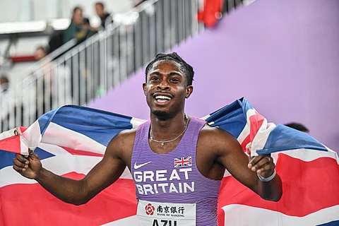 JEREMIAH Azu of Great Britain asserts his might to win the gold medal in the men’s 60-meter event of the World Athletics Indoor Championships in Nanjing, China.