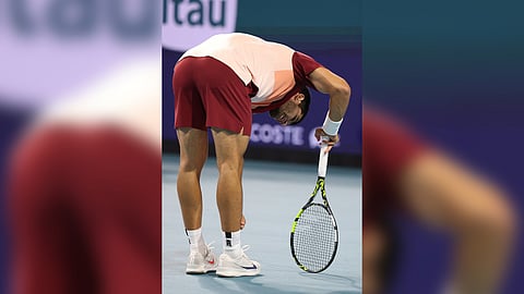 CARLOS Alcaraz reacts after bowing to David Goffin, 5-7, 6-4, 6-3, in the Round of 64 of the Miami Open in Florida.