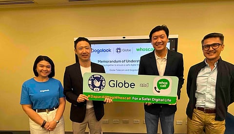 In photo: From left to right: Mel Migriño, Gogolook Philippines Country Head; Manwoo Joo, Gogolook COO; Eric Tanbauco, Globe OIC for Consumer Mobile; and Vince Corpus, Globe Director for Business Development and Innovation, during the MOU signing between Whoscall and Globe at the Globe Tower, BGC, Taguig City.