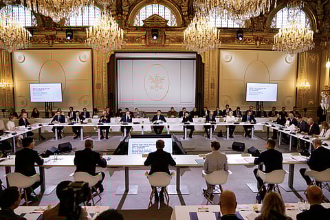 Britain's Prime Minister Keir Starmer (C-L), France's President Emmanuel Macron (C) and Ukraine's President Volodymyr Zelensky (C-R) participate to a meeting on the sidelines of a summit for "coalition of the willing" at the Elysee Palace, in Paris, on 27 March 2025. French President Emmanuel Macron on 27 March 2025 is to host European leaders including President Volodymyr Zelensky for a summit aimed at boosting Ukrainian security ahead of any potential ceasefire with Russia.
