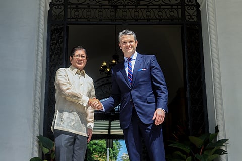 President Ferdinand Marcos Jr. welcomed United States Secretary of Defense Pete Hegseth in Malacañang on Thursday, 28 March 2025.
During their meeting, Marcos emphasized the US Defense chief's inclusion of the Philippines in his first overseas trip as “a very strong indication and sends a very strong message of the commitment” between the two countries, especially in maintaining peace in the Indo-Pacific Region within the South China Sea.