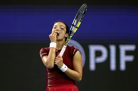 MIAMI GARDENS, FLORIDA - MARCH 27: Alexandra Eala of Philippines reacts to a lost point late in the third set against Jessica Pegula of United States during the Miami Open Presented by Itau at Hard Rock Stadium on 27 March 2025 in Miami Gardens, Florida.