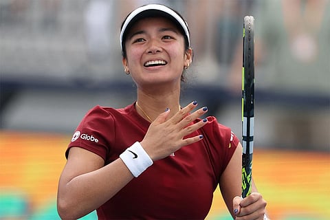 Alexandra Eala of Philippines celebrates her win against Madison Keys during Day 6 of the Miami Open at Hard Rock Stadium on March 23, 2025 in Miami Gardens, Florida.