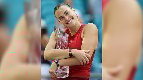 ARYNA Sabalenka celebrates after beating Jessica Pegula to clinch the title in the Miami Open.